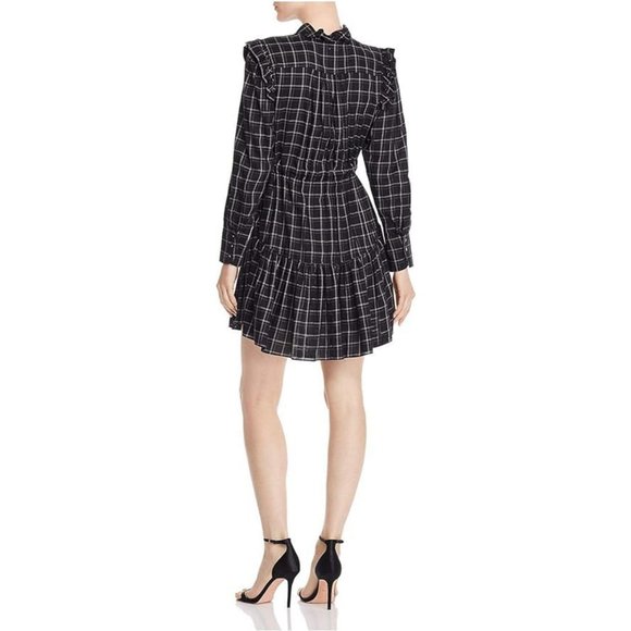 Rebecca Taylor La Vie Drapey Plaid Long Sleeve Belted Ruffle Dress - Black Combo - Picture 7 of 16